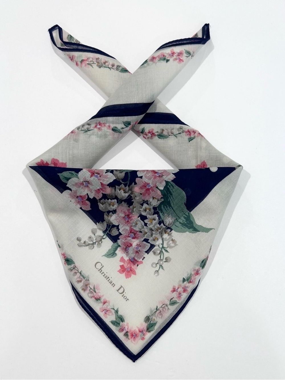 WOMEN HANDKERCHIEF CHRISTIAN DIOR Floral Blue Polka Dot Bandana Scarf COTTON 18”